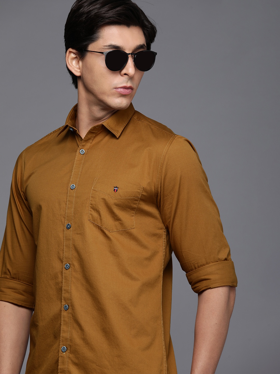 

Louis Philippe Sport Men Mustard Brown Solid Super Slim Fit Pure Cotton Casual Shirt