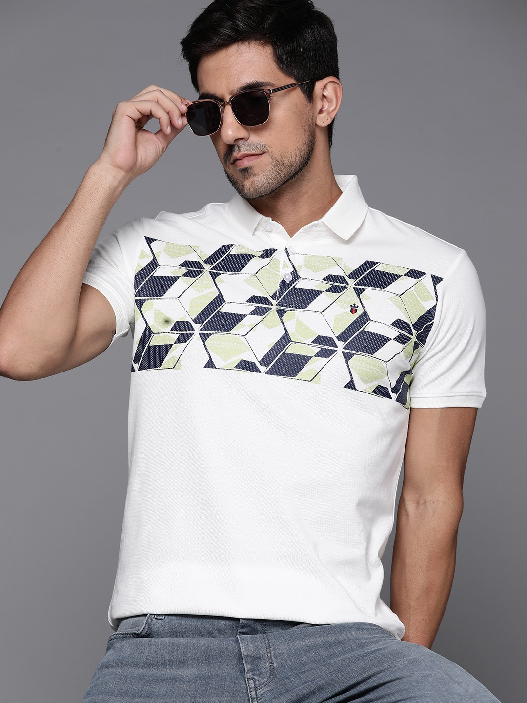 

Louis Philippe Jeans Men White & Navy Blue Printed Polo Collar Pure Cotton T-shirt