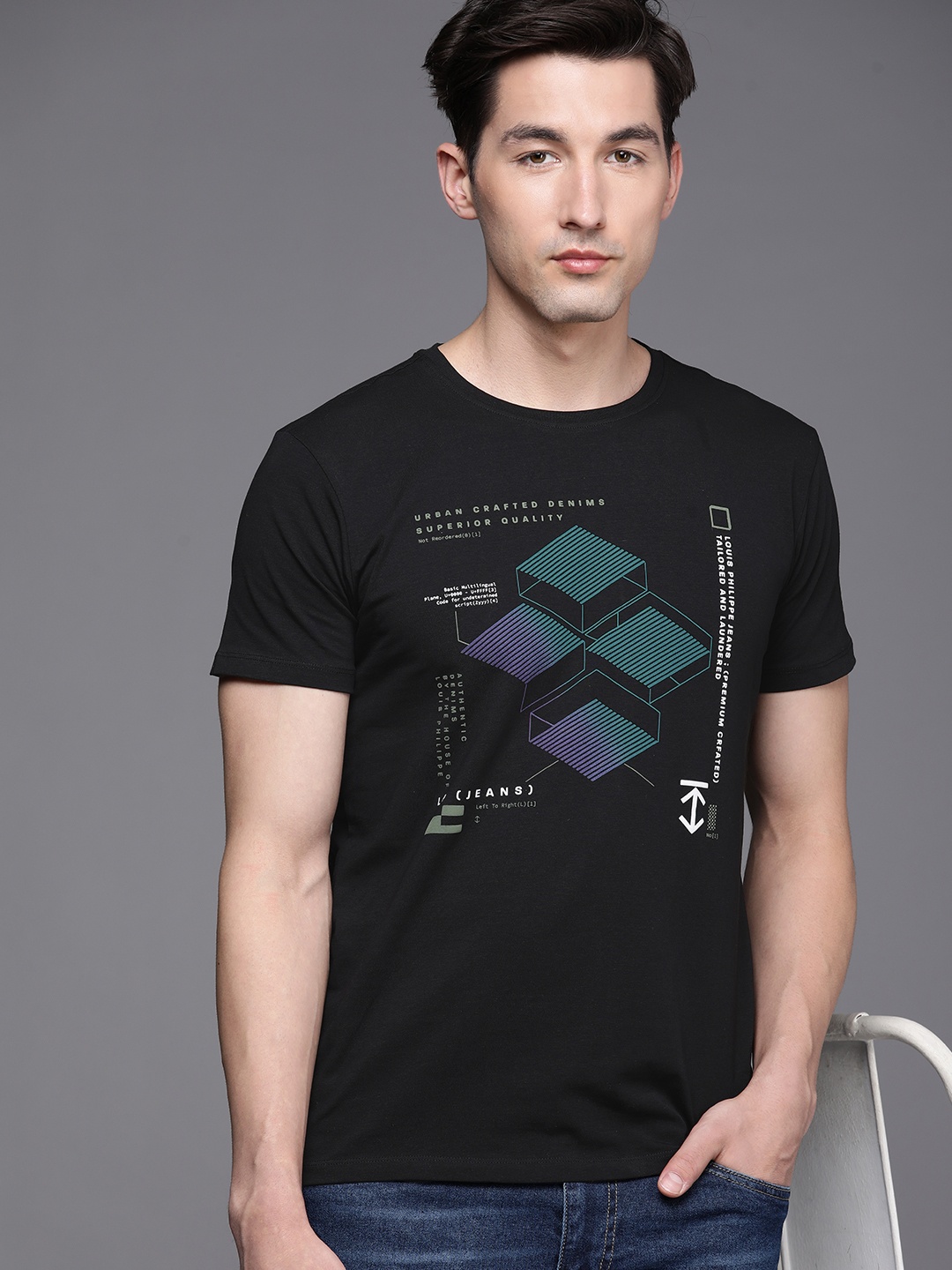 

Louis Philippe Jeans Men Black Printed Slim Fit T-shirt