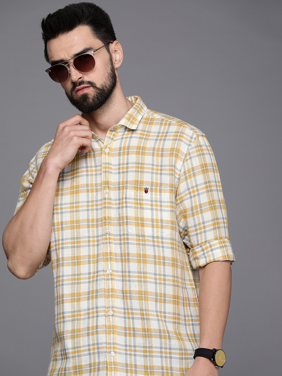 

Louis Philippe Jeans Men Yellow And White Slim Fit Checked Cotton Linen Casual Shirt