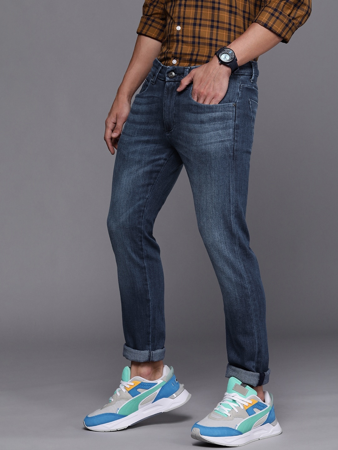 

Louis Philippe Jeans Men Navy Blue Slim Fit Low-Rise Light Fade Stretchable Cotton Jeans
