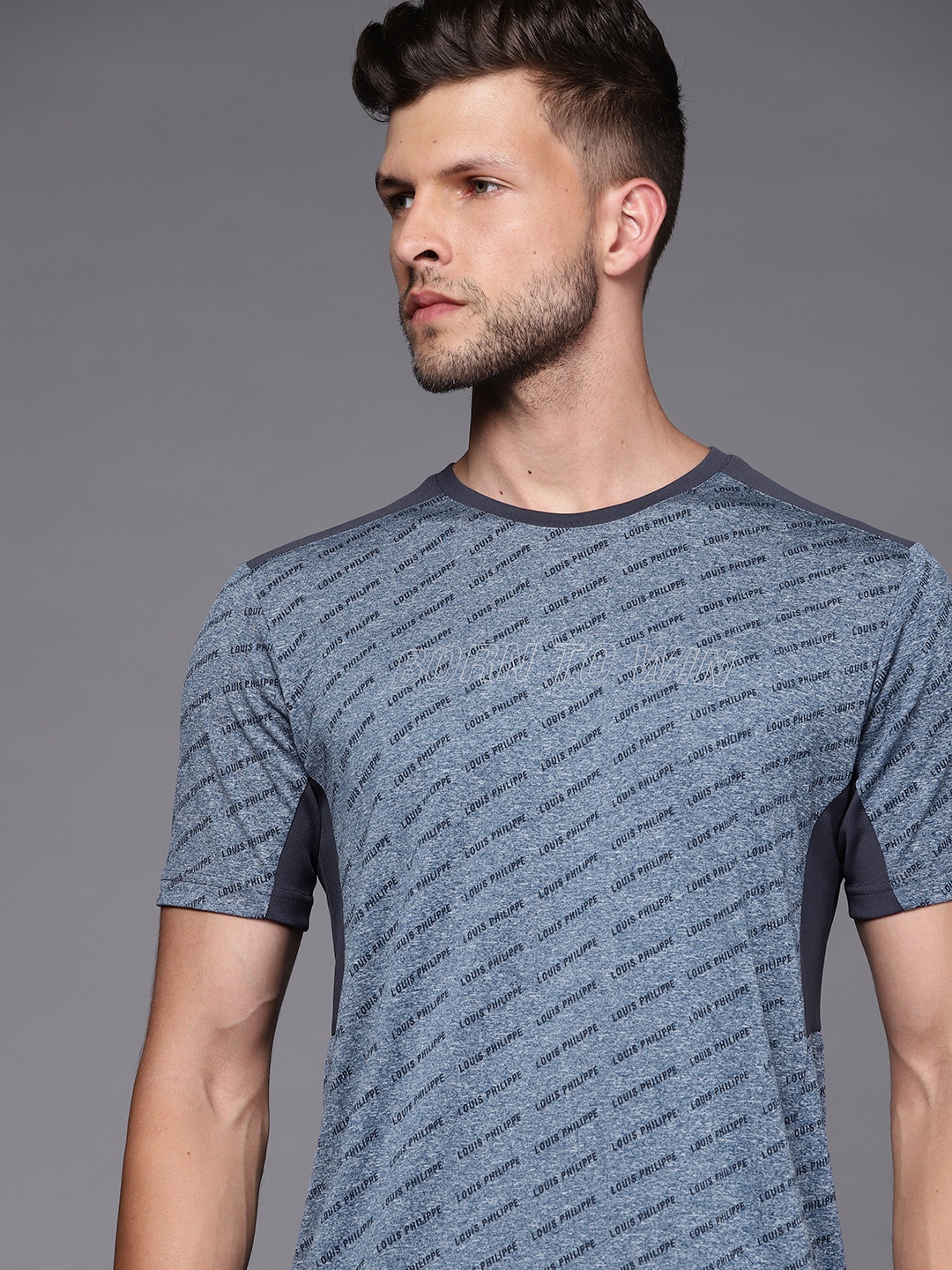 Louis Philippe ATHPLAY Men Navy Blue Melange Effect Brand Logo Printed T-shirt