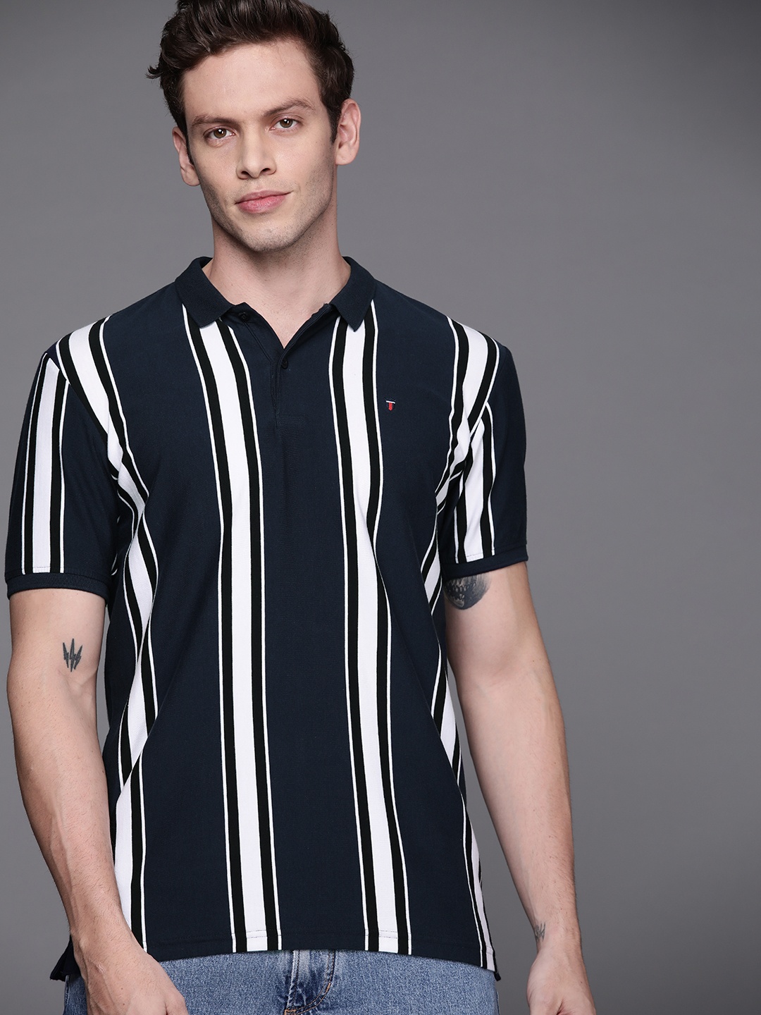 

Louis Philippe Sport Men Navy Blue & White Striped Polo Collar T-shirt