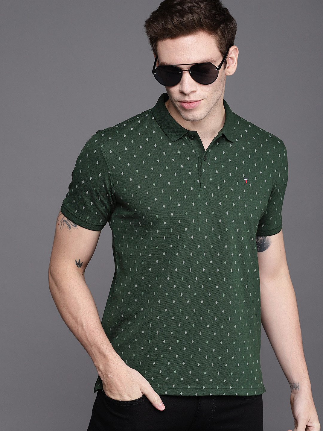 

Louis Philippe Sport Men Olive Green Printed Polo Collar T-shirt