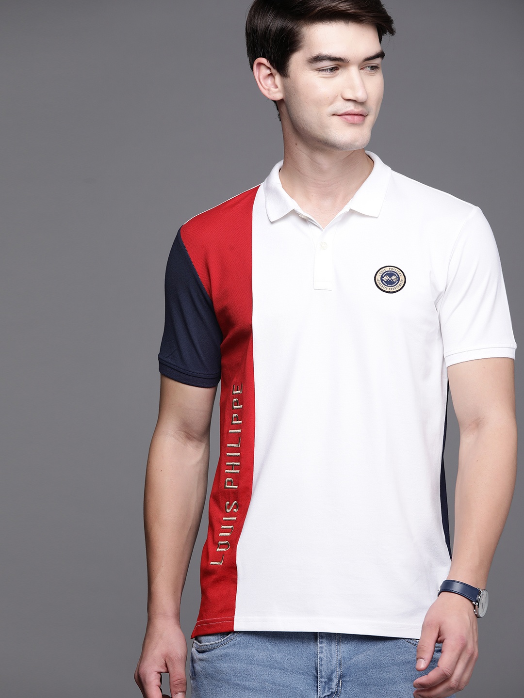 

Louis Philippe Sport Men White & Red Colourblocked Polo Collar T-shirt