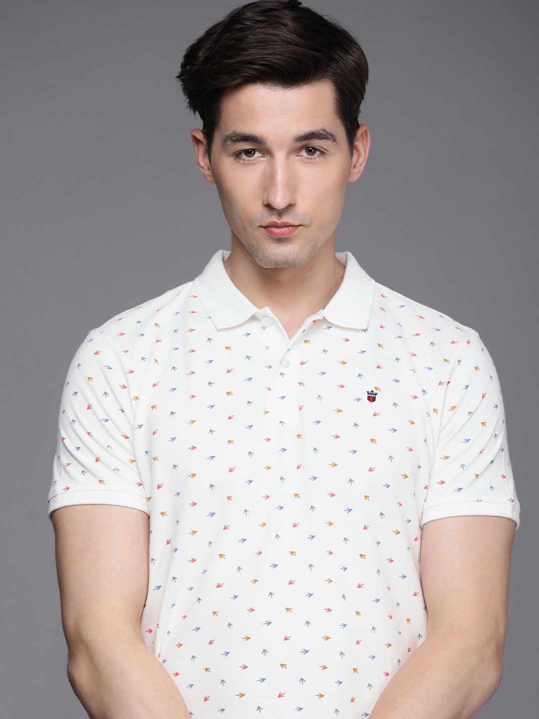 

Louis Philippe Jeans Men White Printed Polo Collar Slim Fit Pure Cotton T-shirt