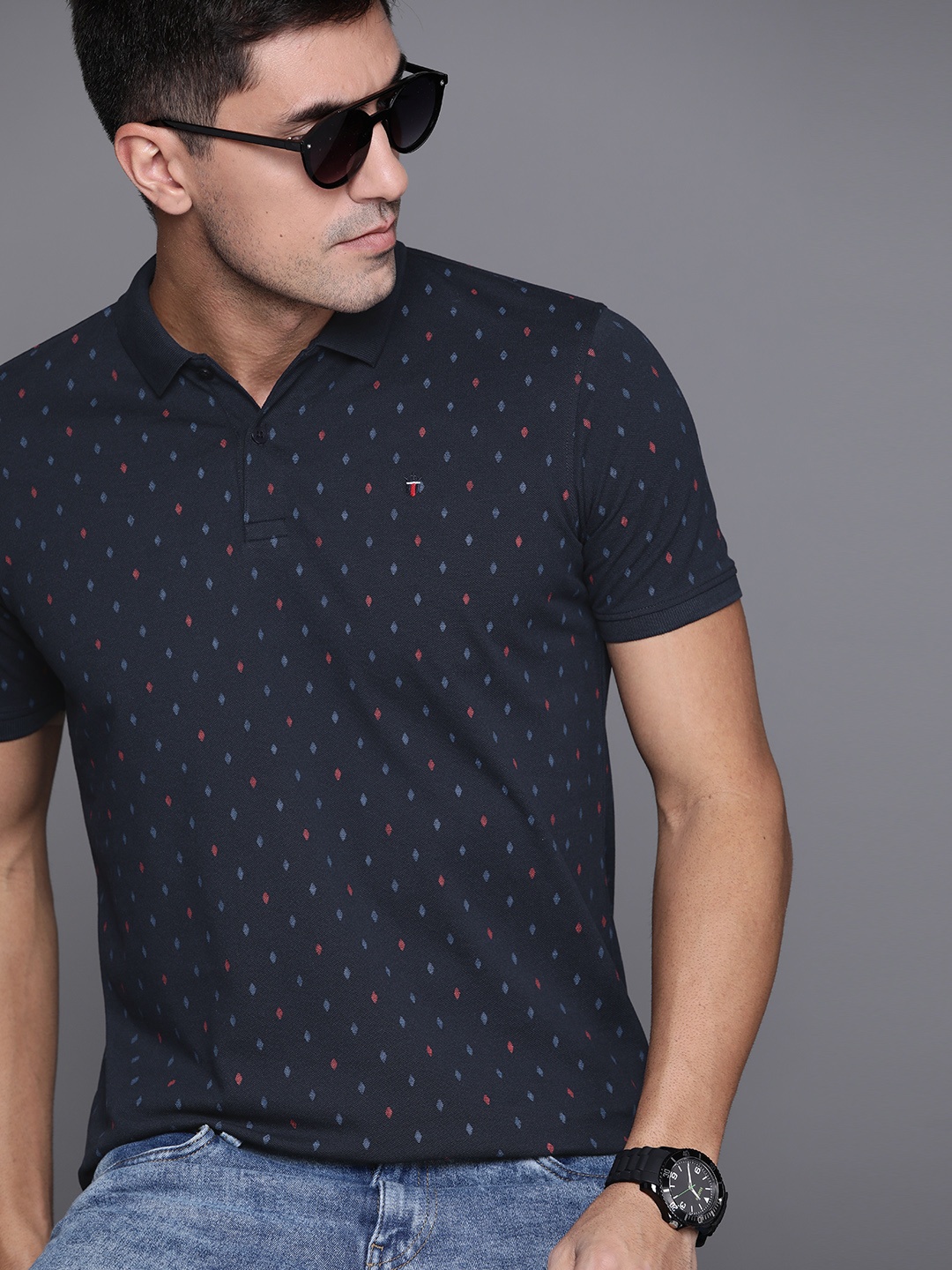

Louis Philippe Sport Men Navy Blue & Red Printed Polo Collar T-shirt