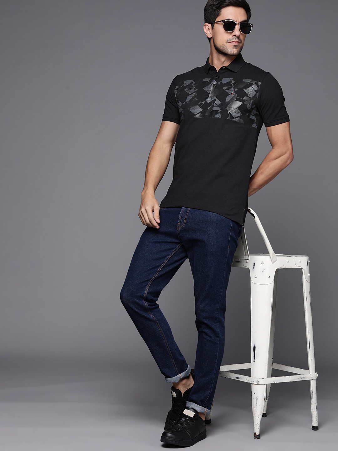 

Louis Philippe Jeans Men Black Printed Polo Collar Pure Cotton T-shirt