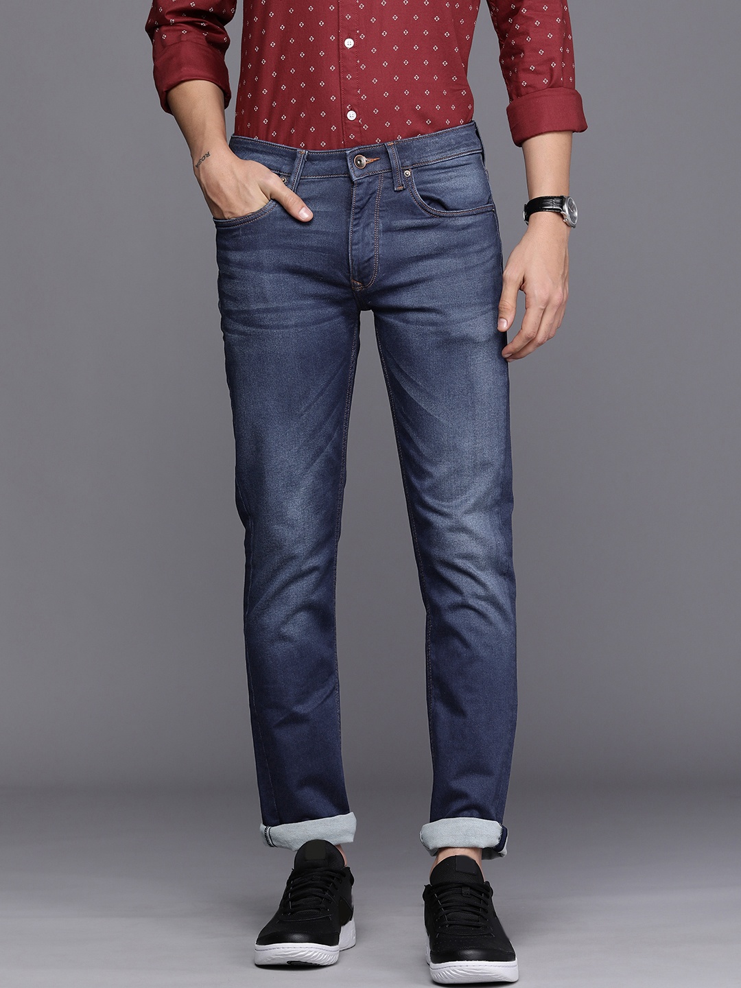 

Louis Philippe Jeans Men Navy Blue Slim Fit Low-Rise Light Fade Stretchable Casual Jeans