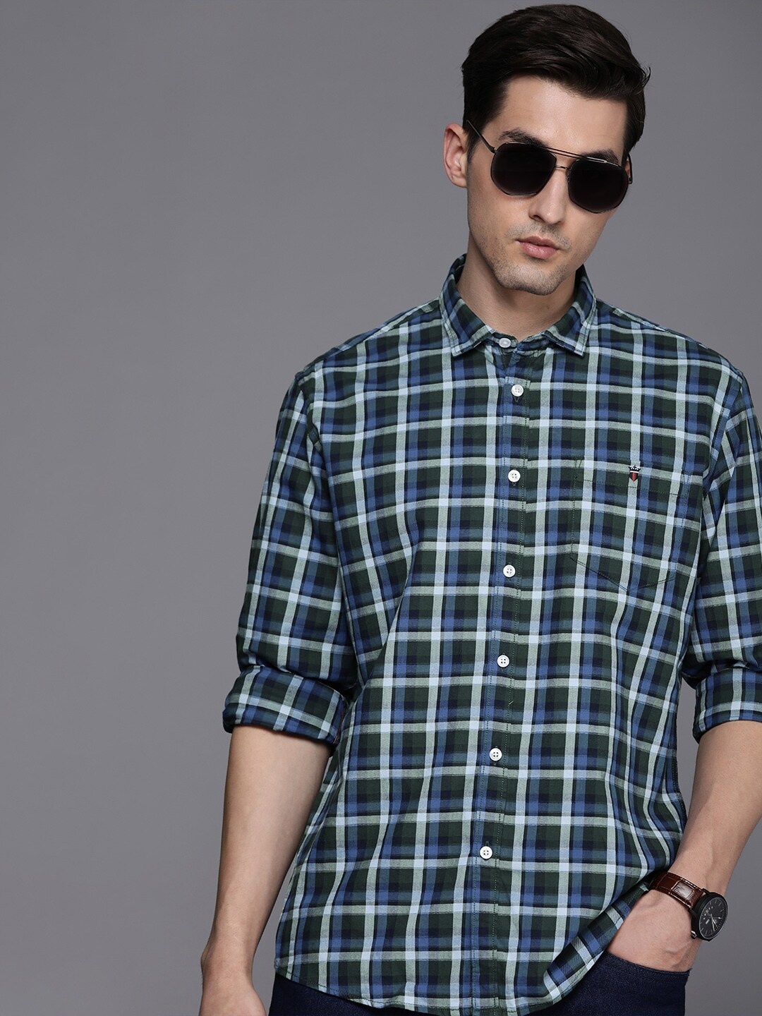 

Louis Philippe Jeans Men Blue & Green Slim Fit Checked Casual Pure Cotton Shirt