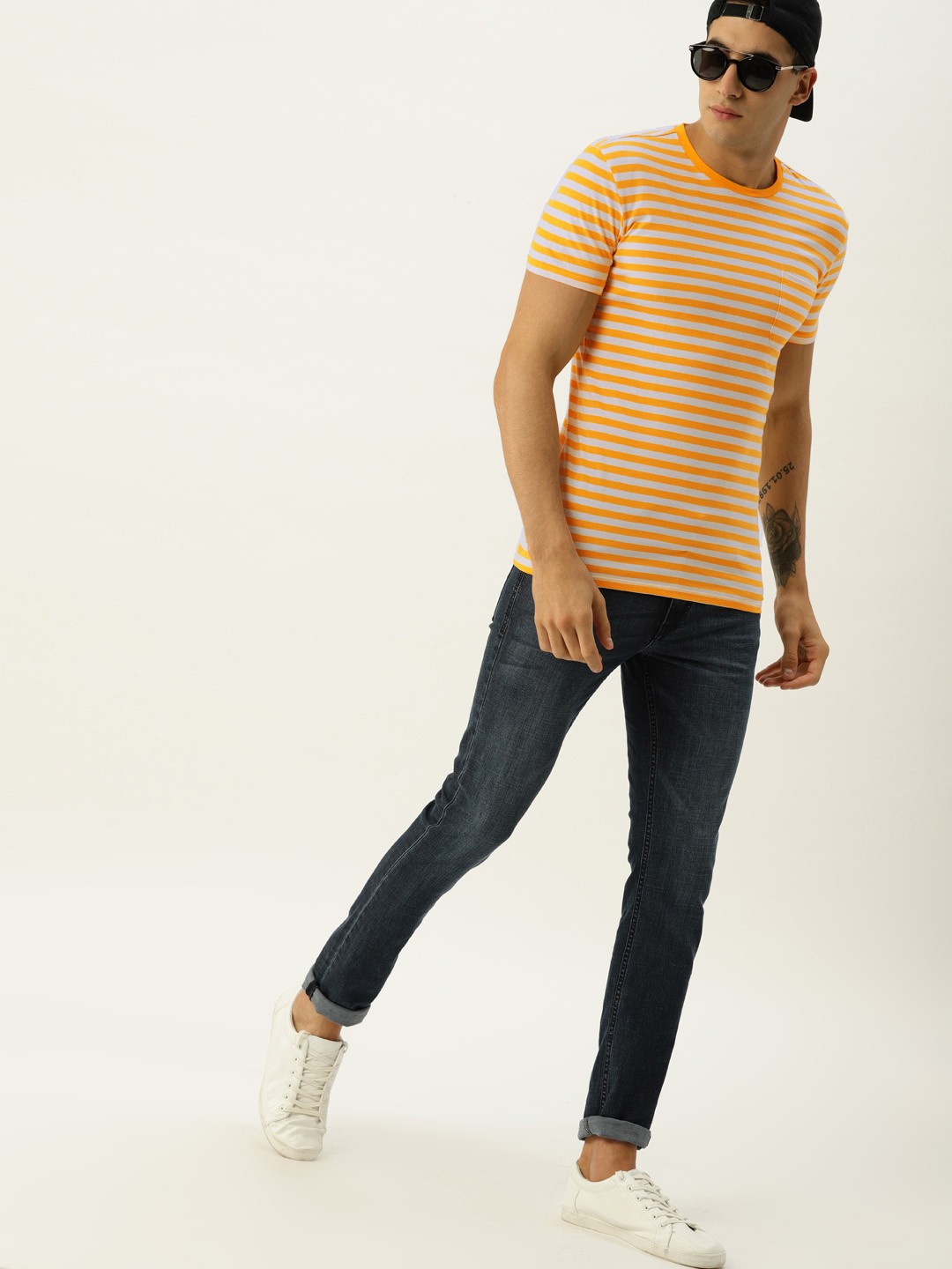 

United Colors of Benetton Men Yellow Striped Round Neck T-shirt