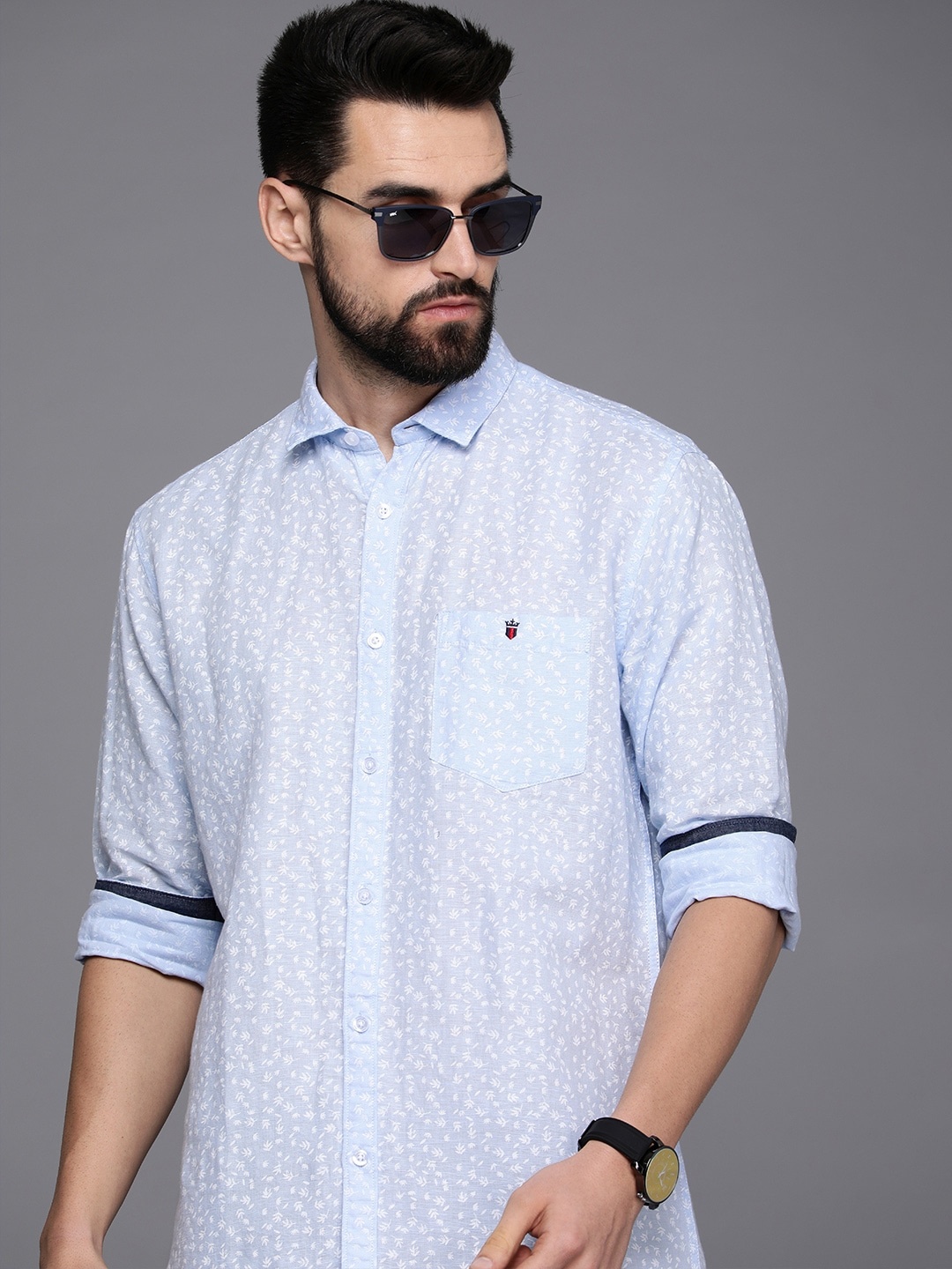 

Louis Philippe Jeans Men Blue Slim Fit Floral Printed Cotton Linen Casual Shirt