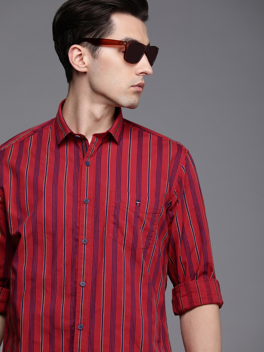 

Louis Philippe Sport Men Red & Navy Blue Slim Fit Striped Pure Cotton Casual Shirt