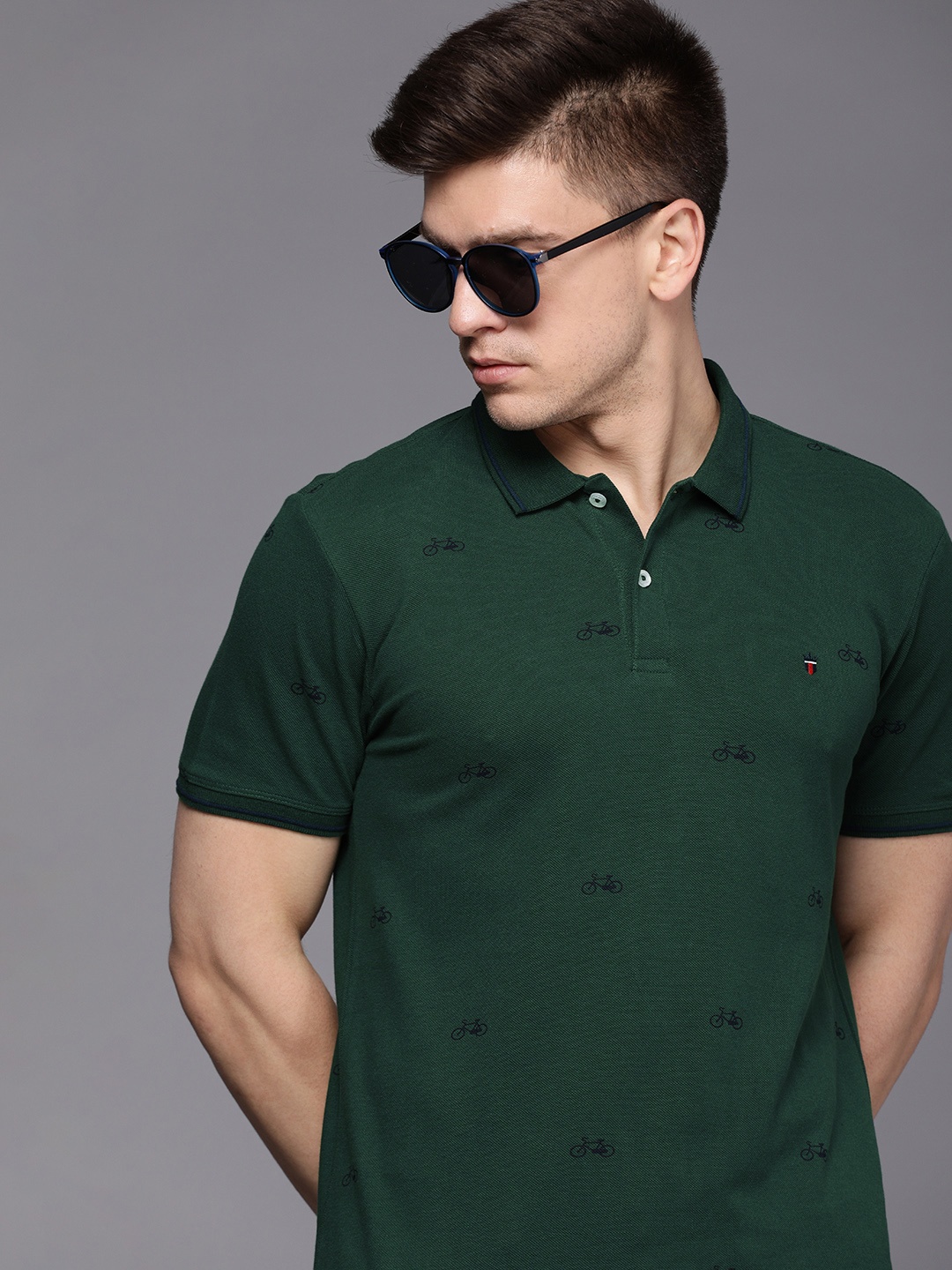 

Louis Philippe Jeans Men Dark Green Printed Polo Collar Pure Cotton Slim Fit T-shirt