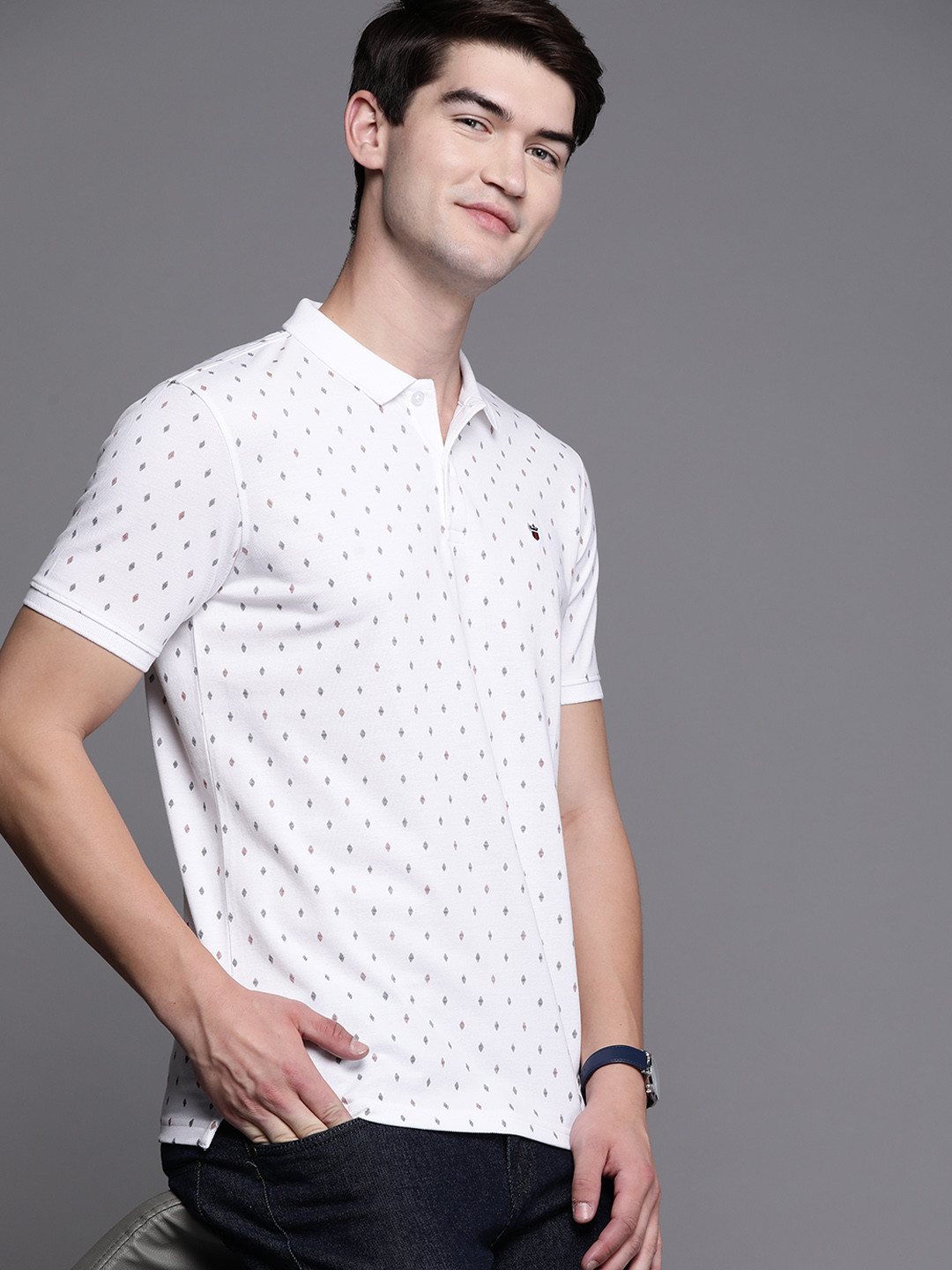 

Louis Philippe Sport Men White & Navy Blue Printed Polo Collar T-shirt