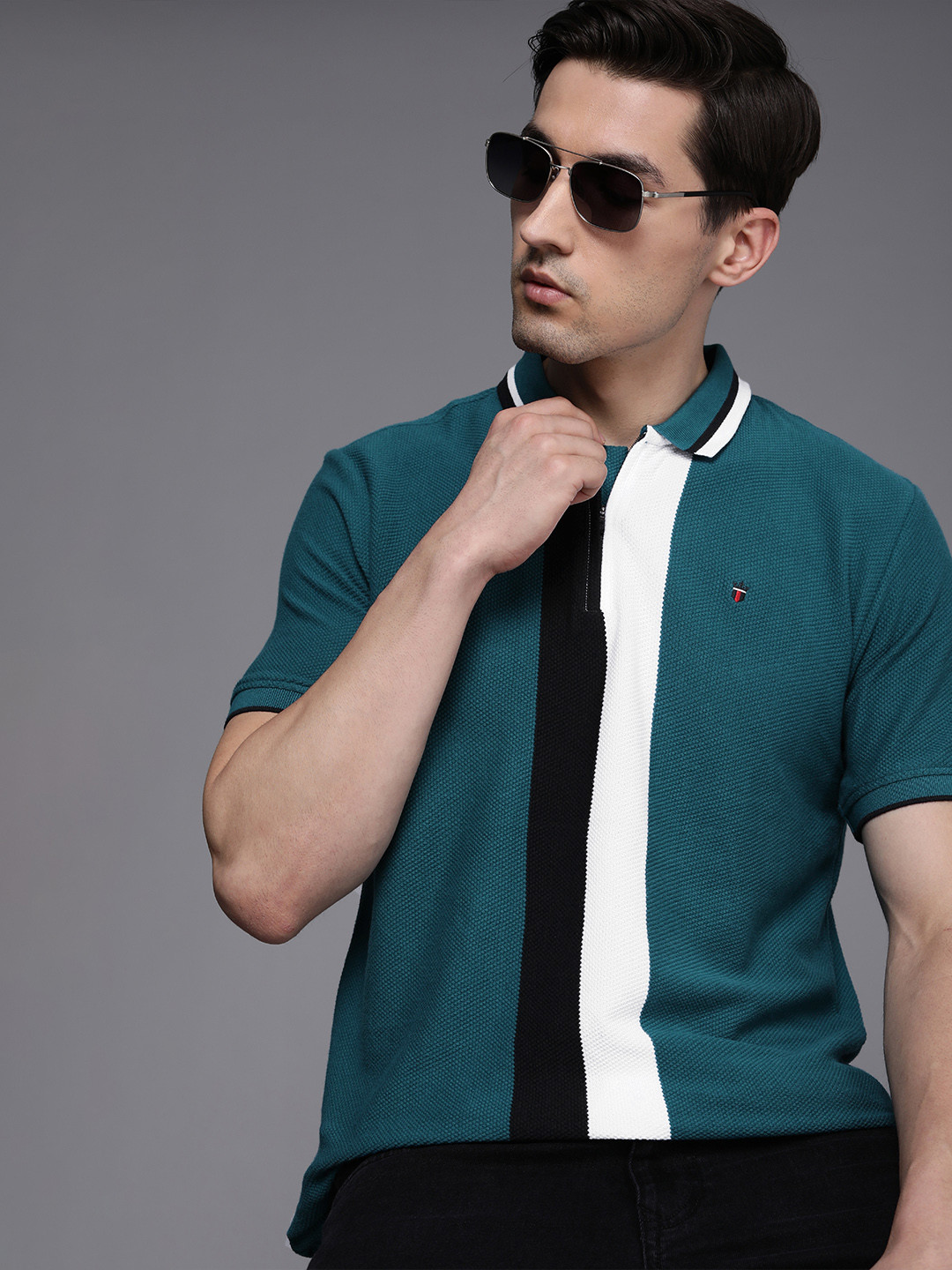 

Louis Philippe Sport Men Teal Blue & White Polo Collar Pure Cotton Slim Fit T-shirt