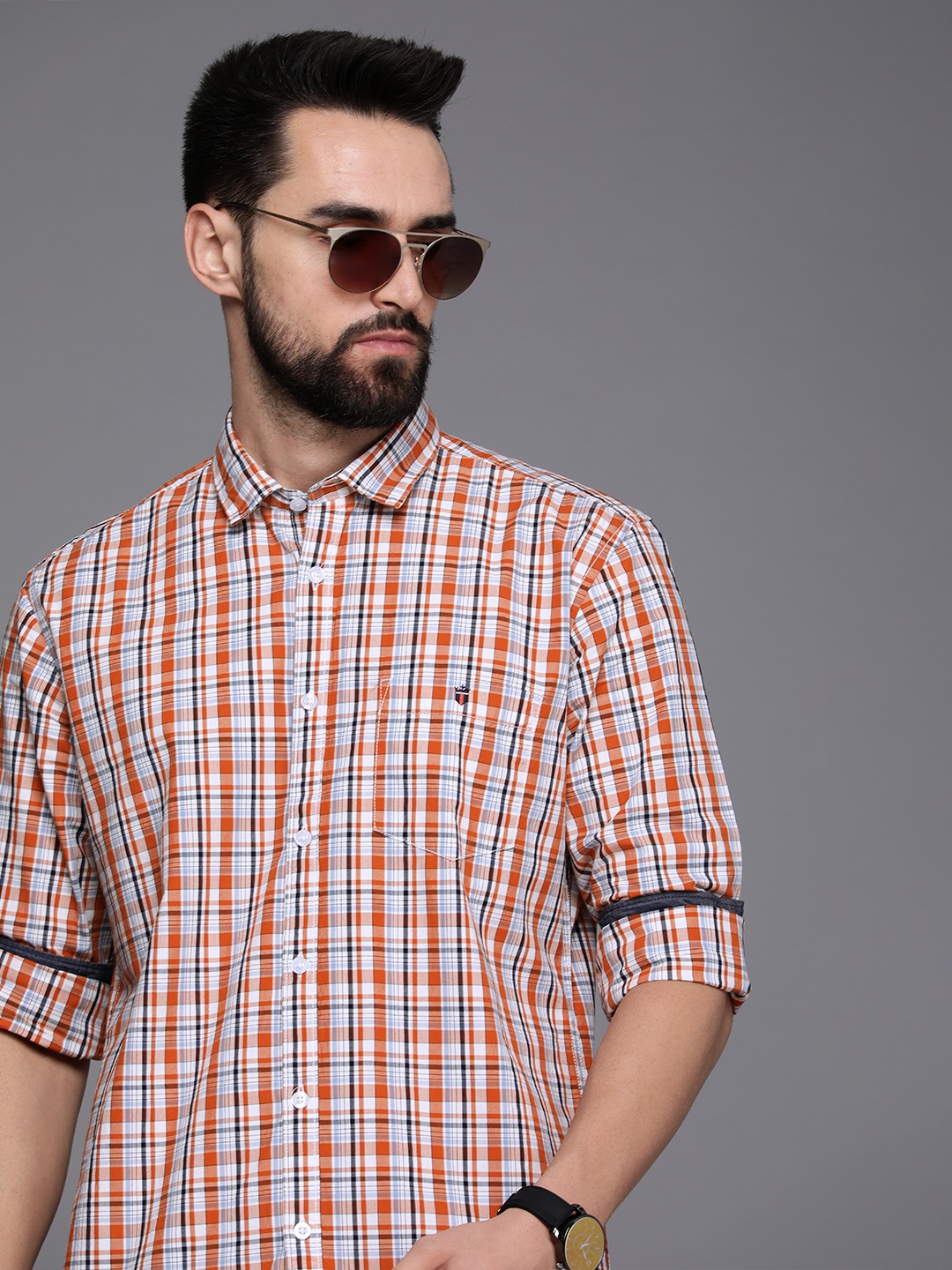 

Louis Philippe Jeans Men Orange & White Slim Fit Checked Pure Cotton Casual Shirt