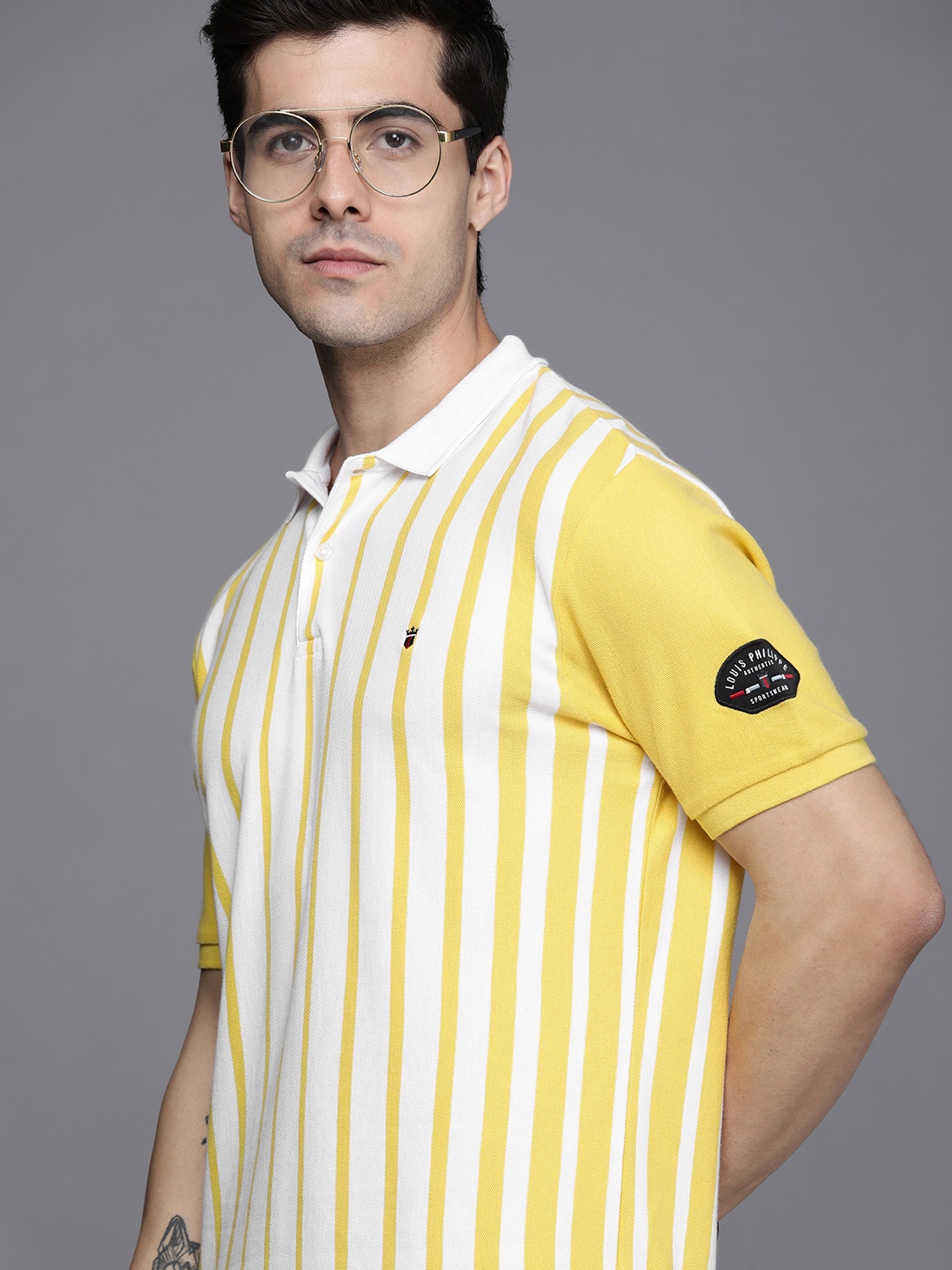 

Louis Philippe Sport Men White & Yellow Striped Polo Collar T-shirt