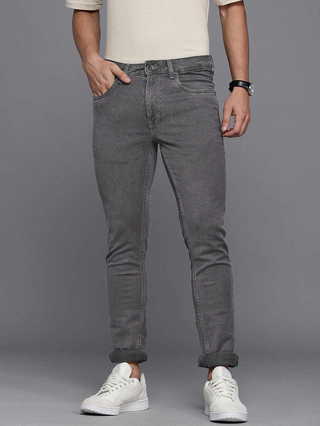 

Louis Philippe Jeans Men Grey Albert Super Slim Fit Low-Rise Light Fade Stretchable Jeans