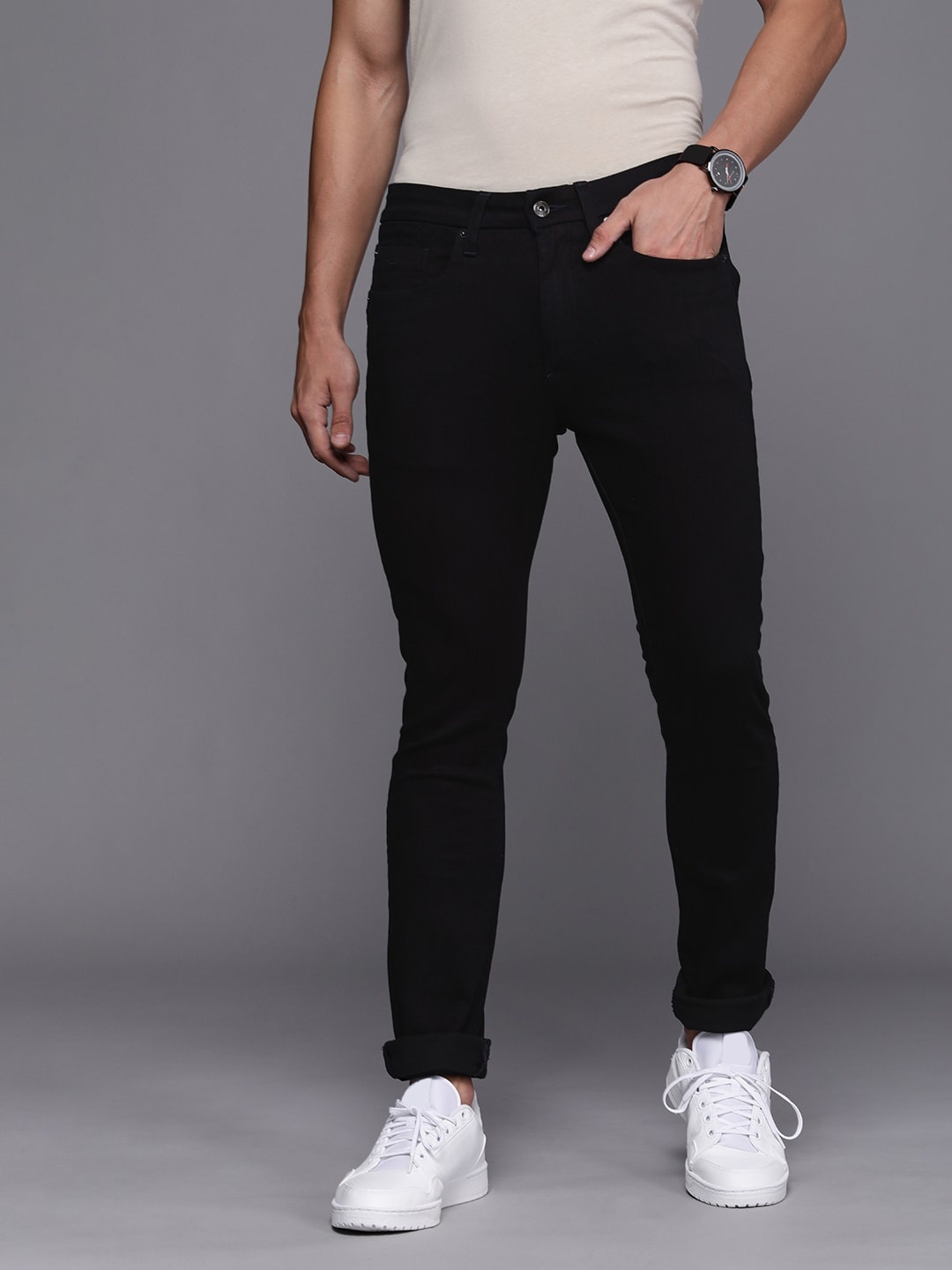 

Louis Philippe Jeans Men Black Super Slim Fit Low-Rise Stretchable Jeans, Navy blue