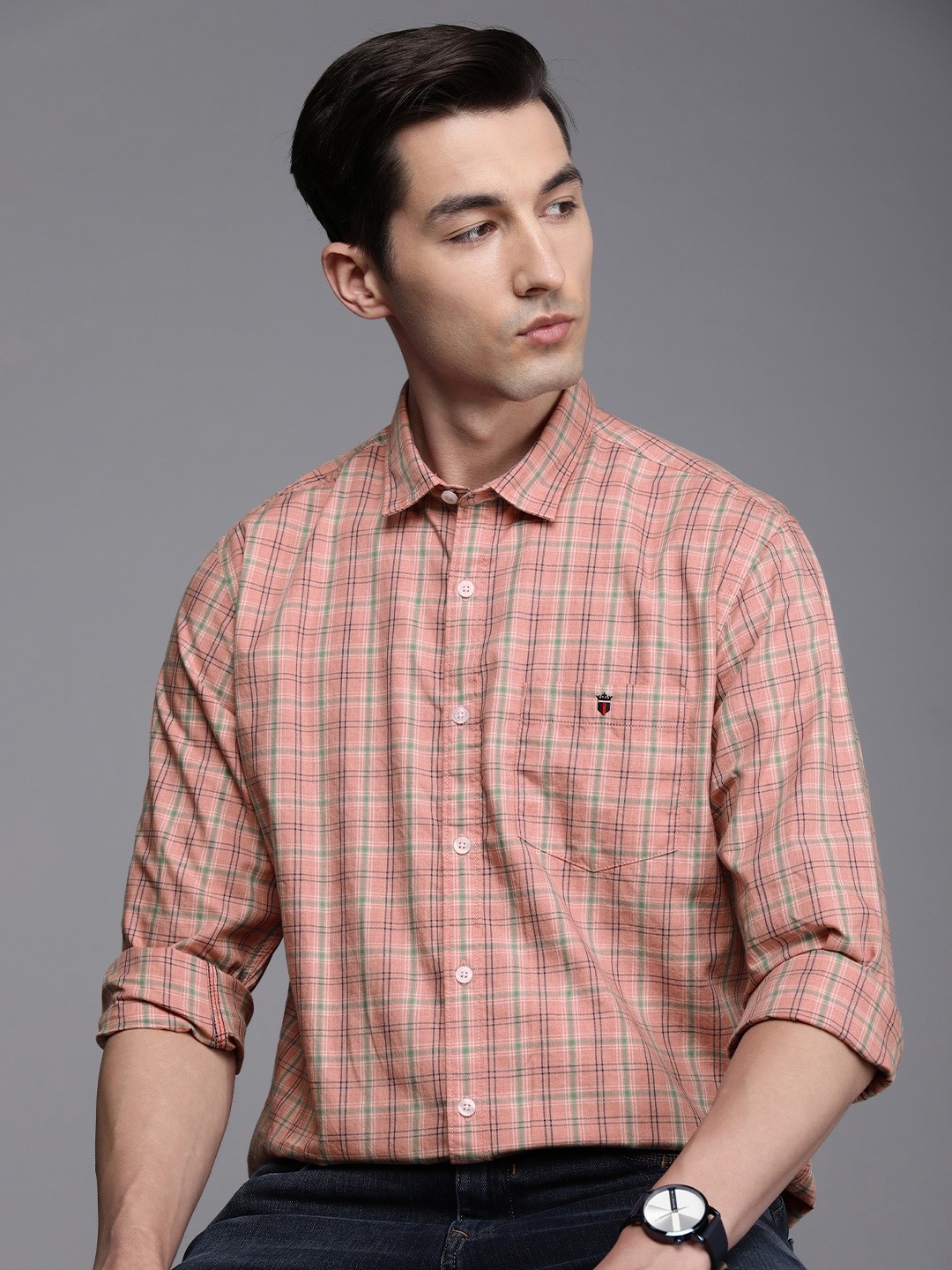 

Louis Philippe Jeans Men Pink Slim Fit Tartan Checks Checked Cotton Casual Shirt