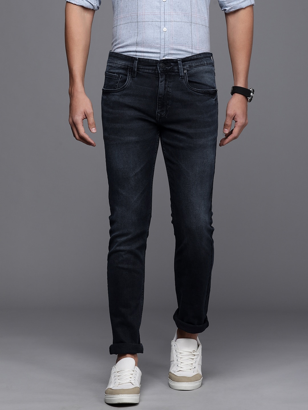 

Louis Philippe Jeans Men Navy Blue Slim Fit Low-Rise Light Fade Stretchable Jeans