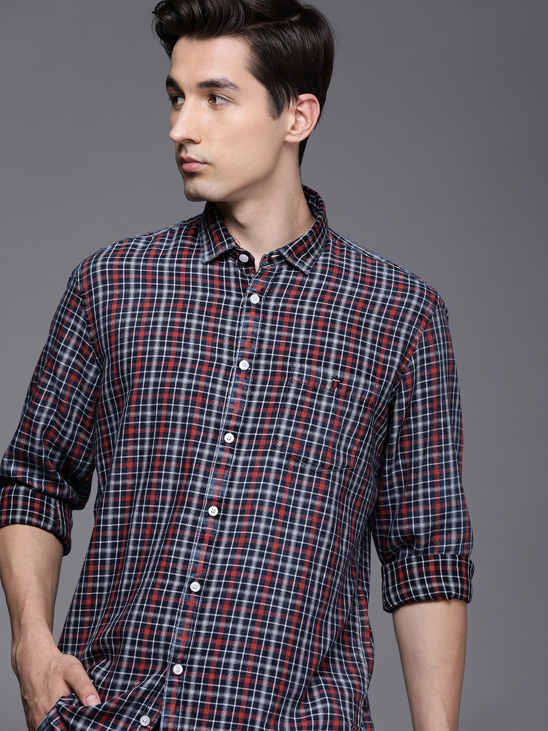 

Louis Philippe Jeans Men Navy Blue& Orange Tartan Checks Slim Fit Pure Cotton Casual Shirt