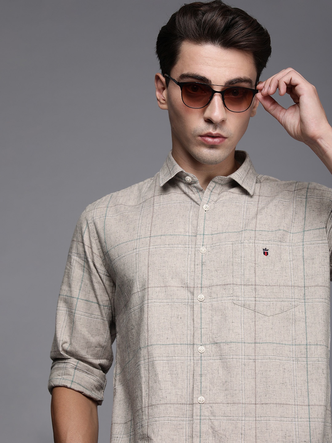 

Louis Philippe Sport Men Beige Slim Fit Checked Pure Cotton Casual Shirt