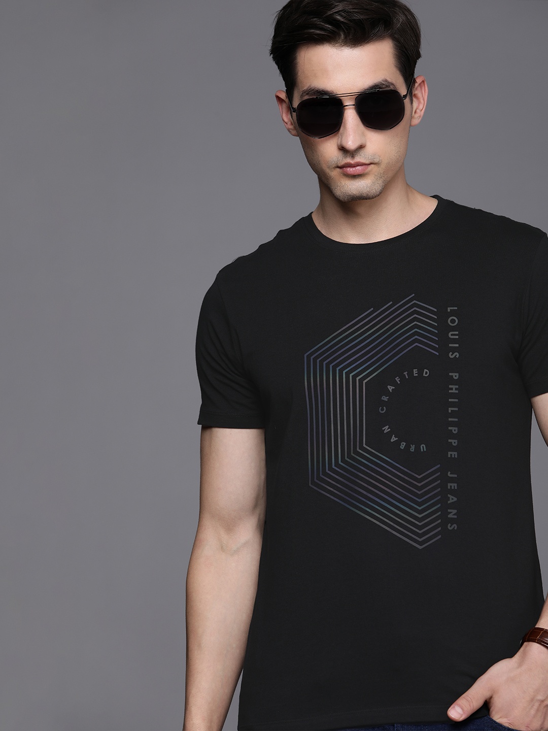 

Louis Philippe Jeans Men Black & Grey Printed Slim Fit T-shirt