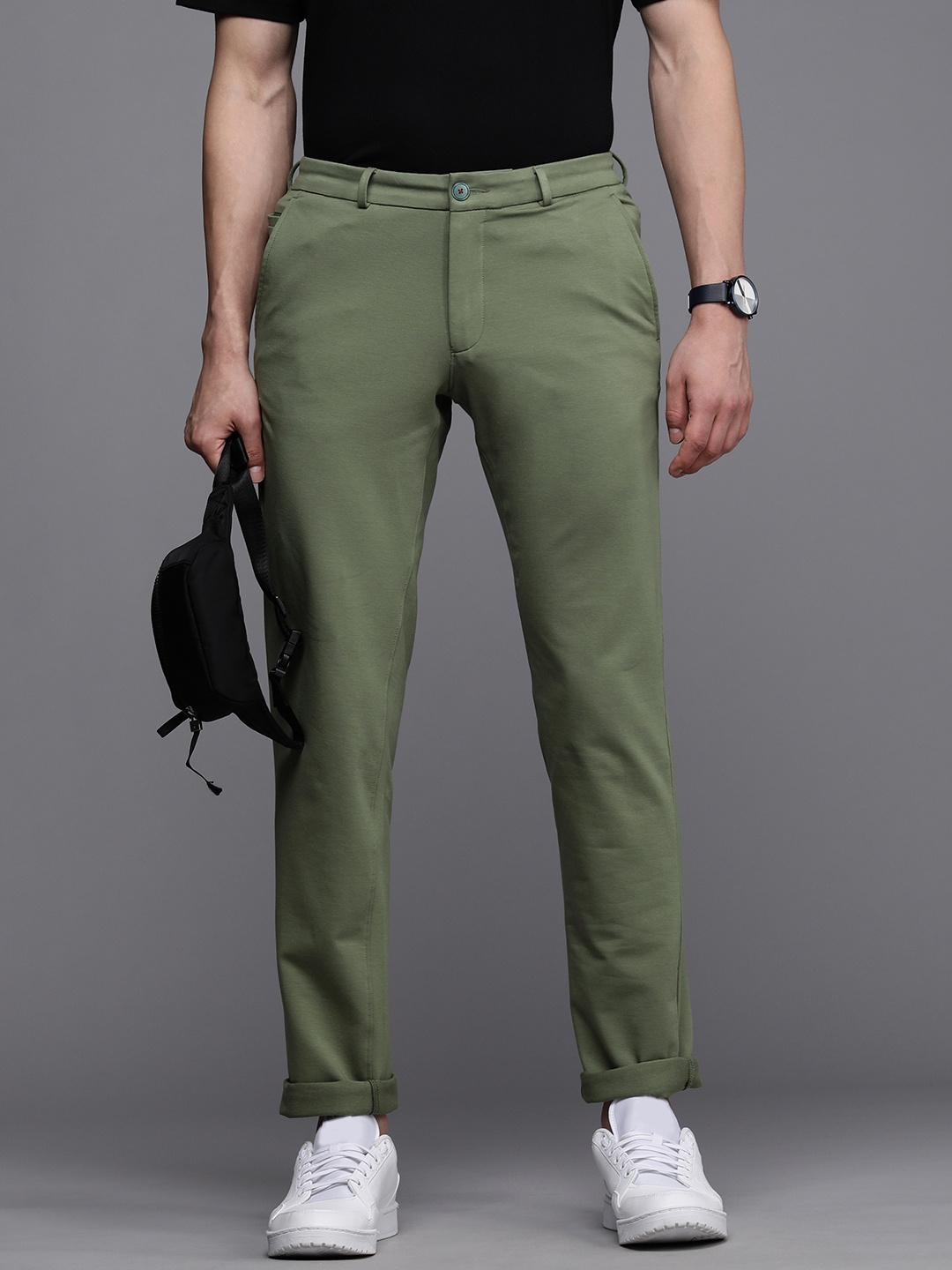 

Louis Philippe Sport Men Olive Green Slim Fit Low-Rise Regular Trousers