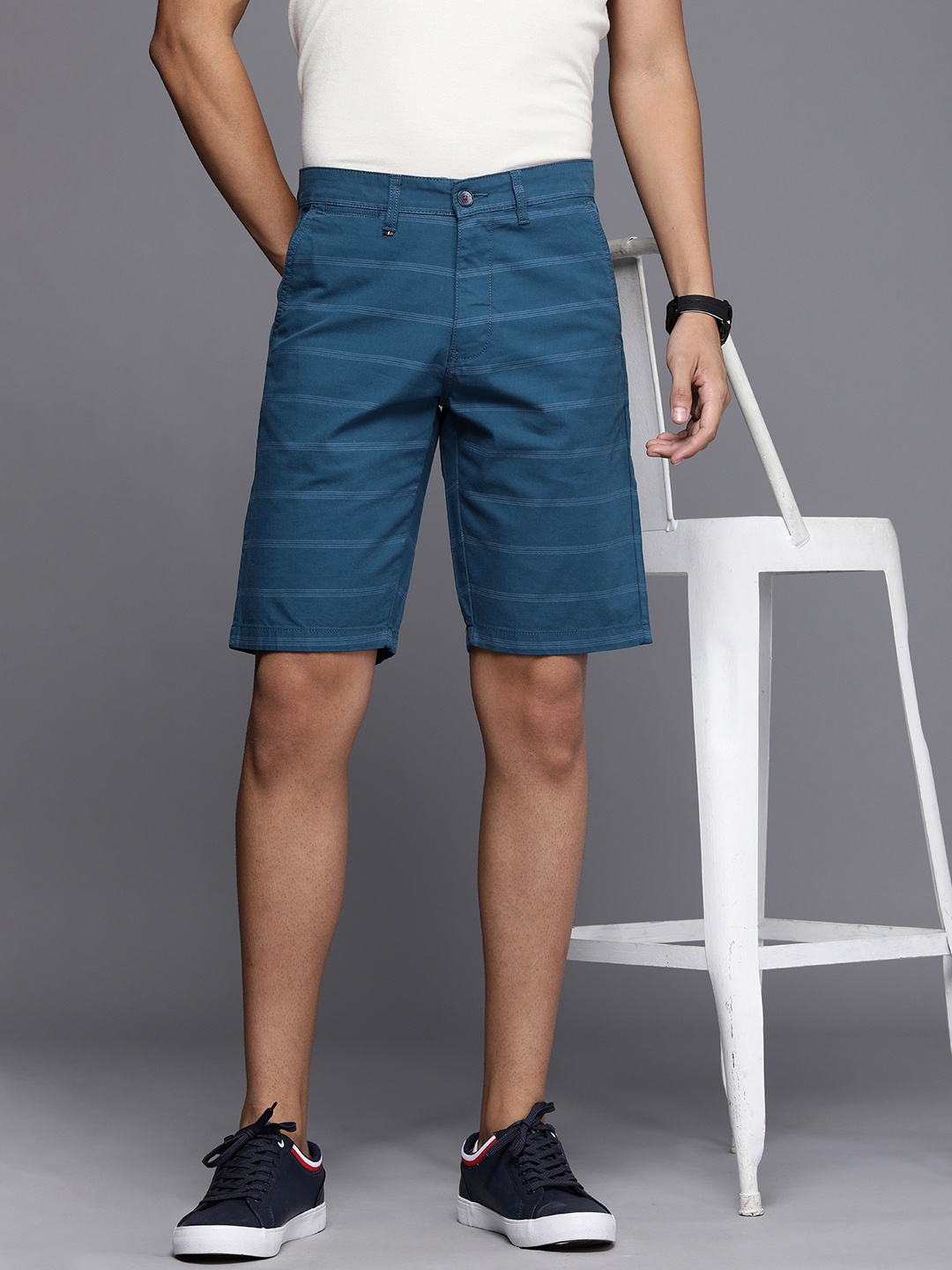 

Louis Philippe Sport Men Teal Blue Striped Slim Fit Shorts