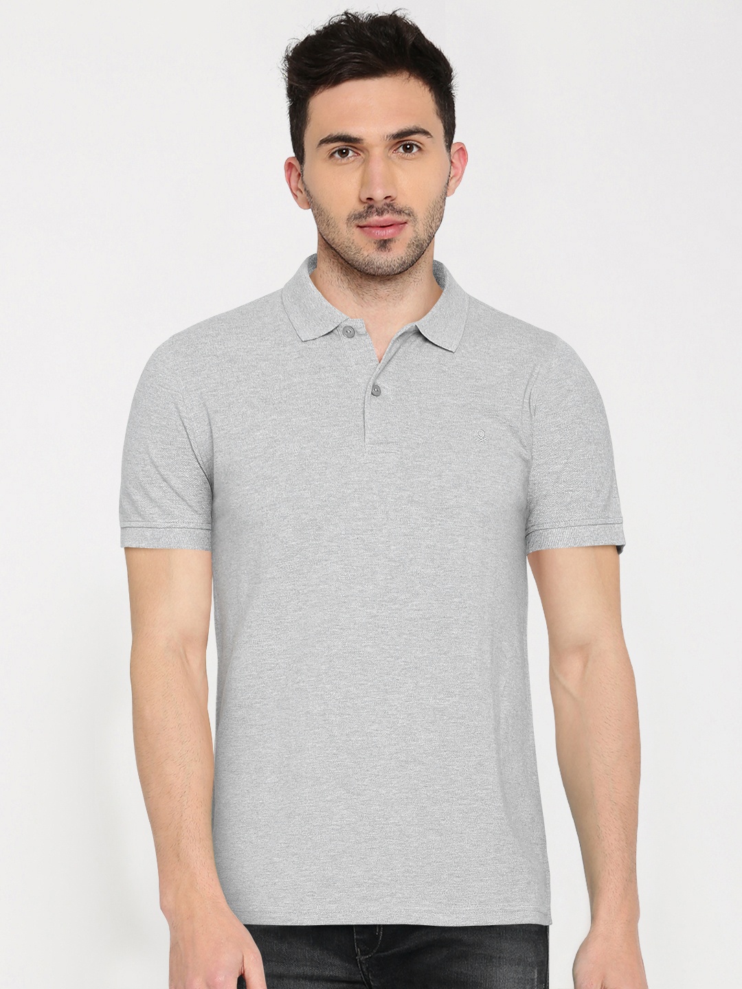 

United Colors of Benetton Men Grey Melange Solid Polo Collar T-shirt