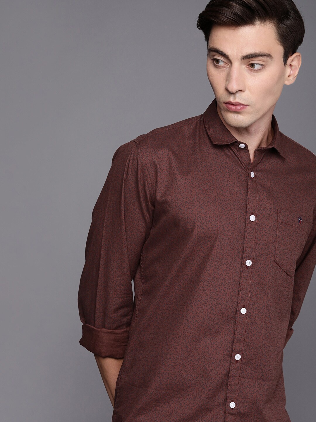 

Louis Philippe Jeans Men Rust Brown Slim Fit Ditsy Printed Pure Cotton Casual Shirt