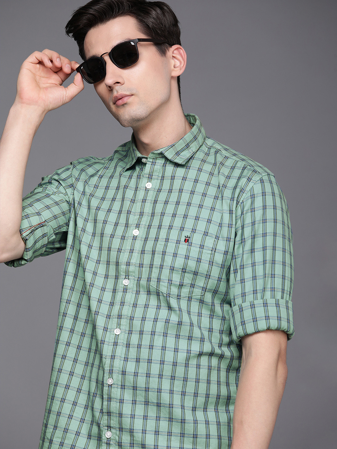 

Louis Philippe Jeans Men Green & Blue Slim Fit Checked Casual Pure Cotton Shirt