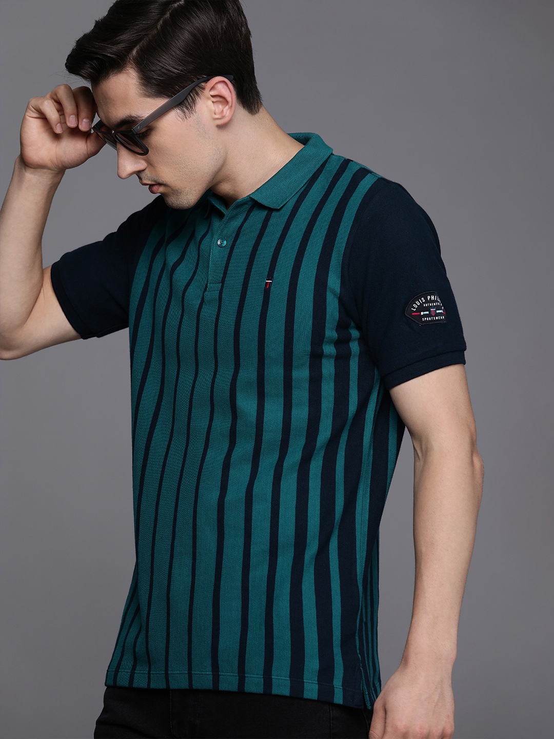 

Louis Philippe Sport Men Navy Blue & Teal Striped Polo Collar Pure Cotton Slim Fit T-shirt