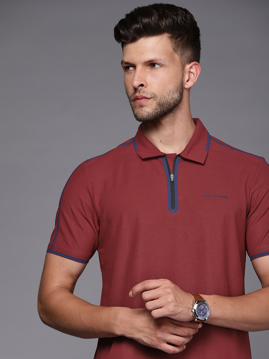 

Louis Philippe ATHPLAY Men Maroon Solid Polo Collar T-shirt