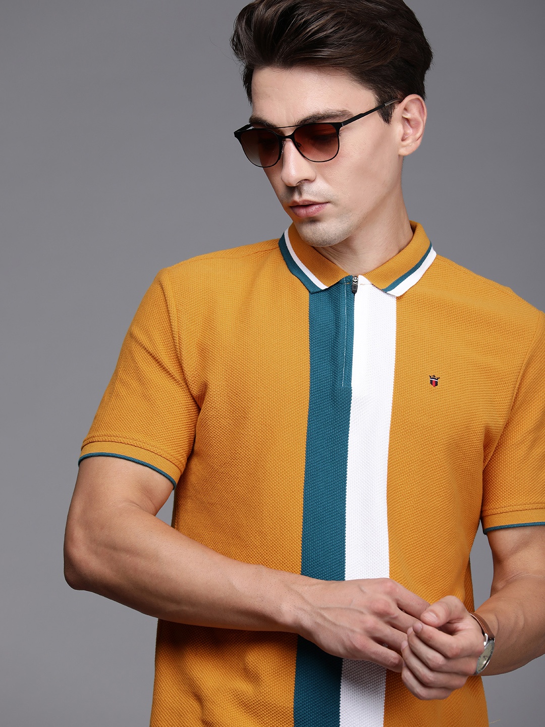 

Louis Philippe Sport Men Mustard Yellow Colourblocked Polo Collar T-shirt
