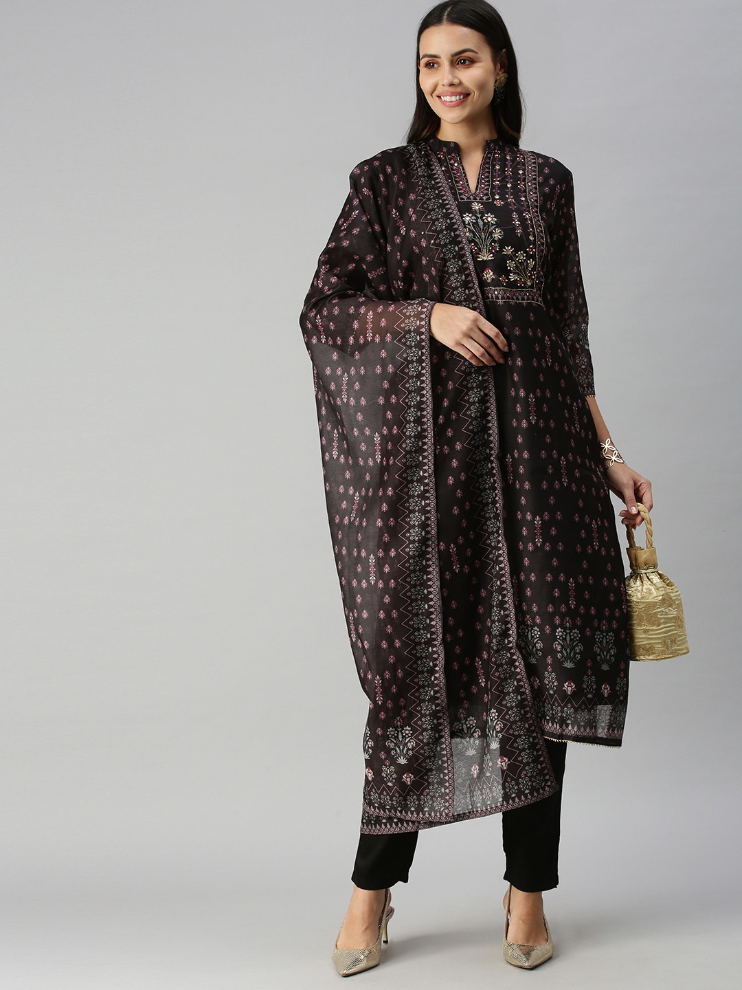 

SHOWOFF Black Embroidered Kurta with Trousers & With Dupatta