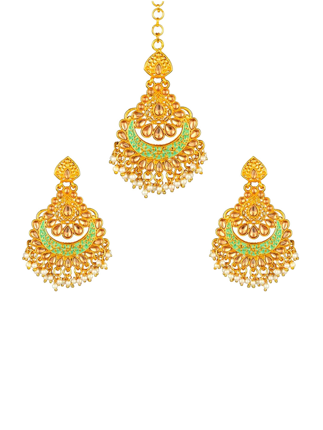 

Kord Store Gold-Plated Kundan-Studded Mint Mina Maangtikaa & Earrings Set