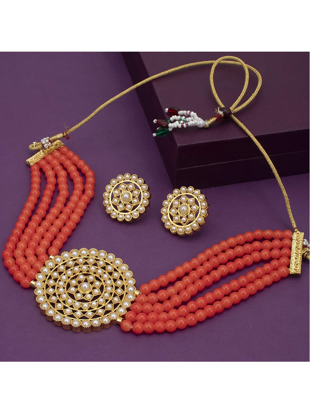 

Kord Store Women Red Gold plated Pearl Choker Jewellery Set