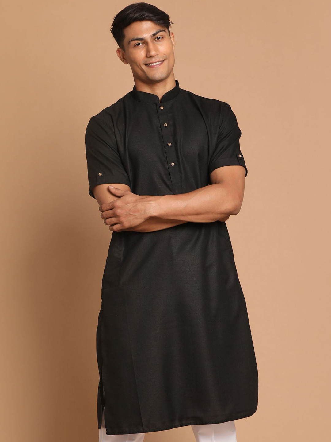 

VASTRAMAY Roll-Up Sleeves Kurta, Black