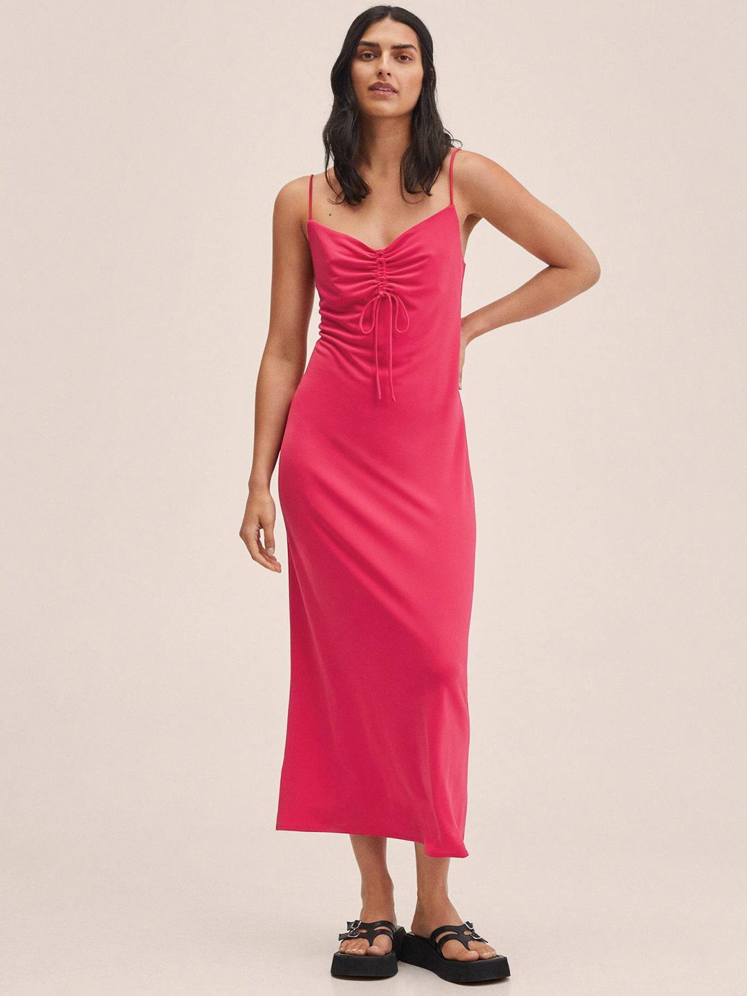 

MANGO Women Red Solid Ruched Maxi Dress with Back Slit