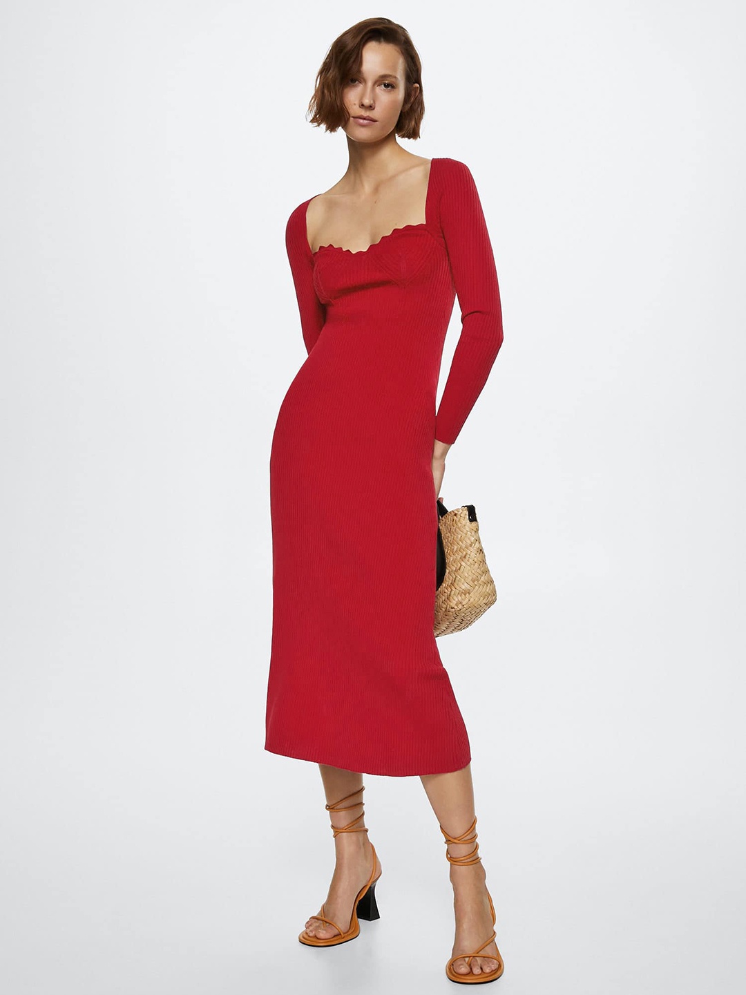 

MANGO Women Red Solid Ribbed Sheath Midi Dress