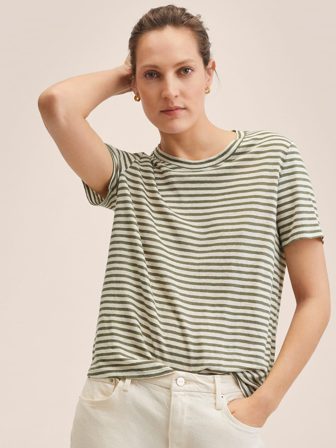 

MANGO Women Olive Green & Off White Pure Linen Striped T-shirt