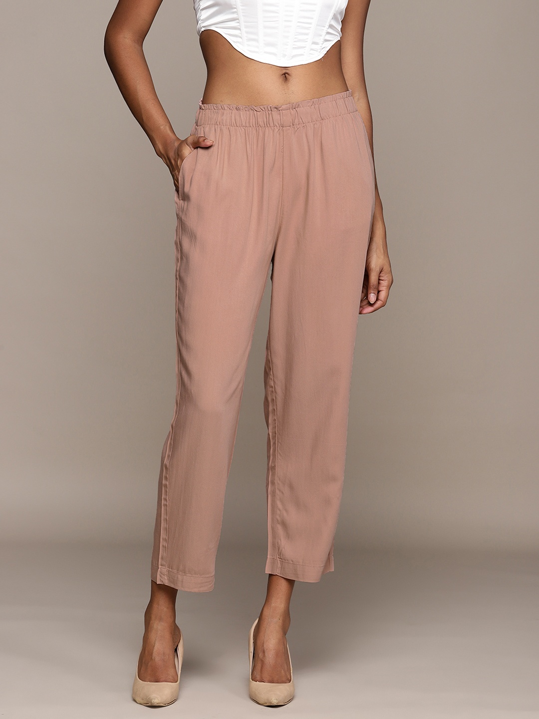 

MANGO Women Pink Pleated Trousers