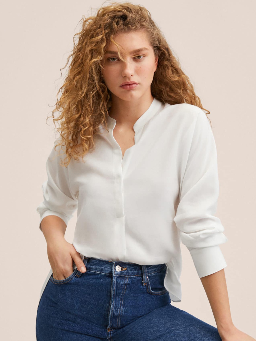 

MANGO White Oversized Mandarin Collar Shirt Style Top