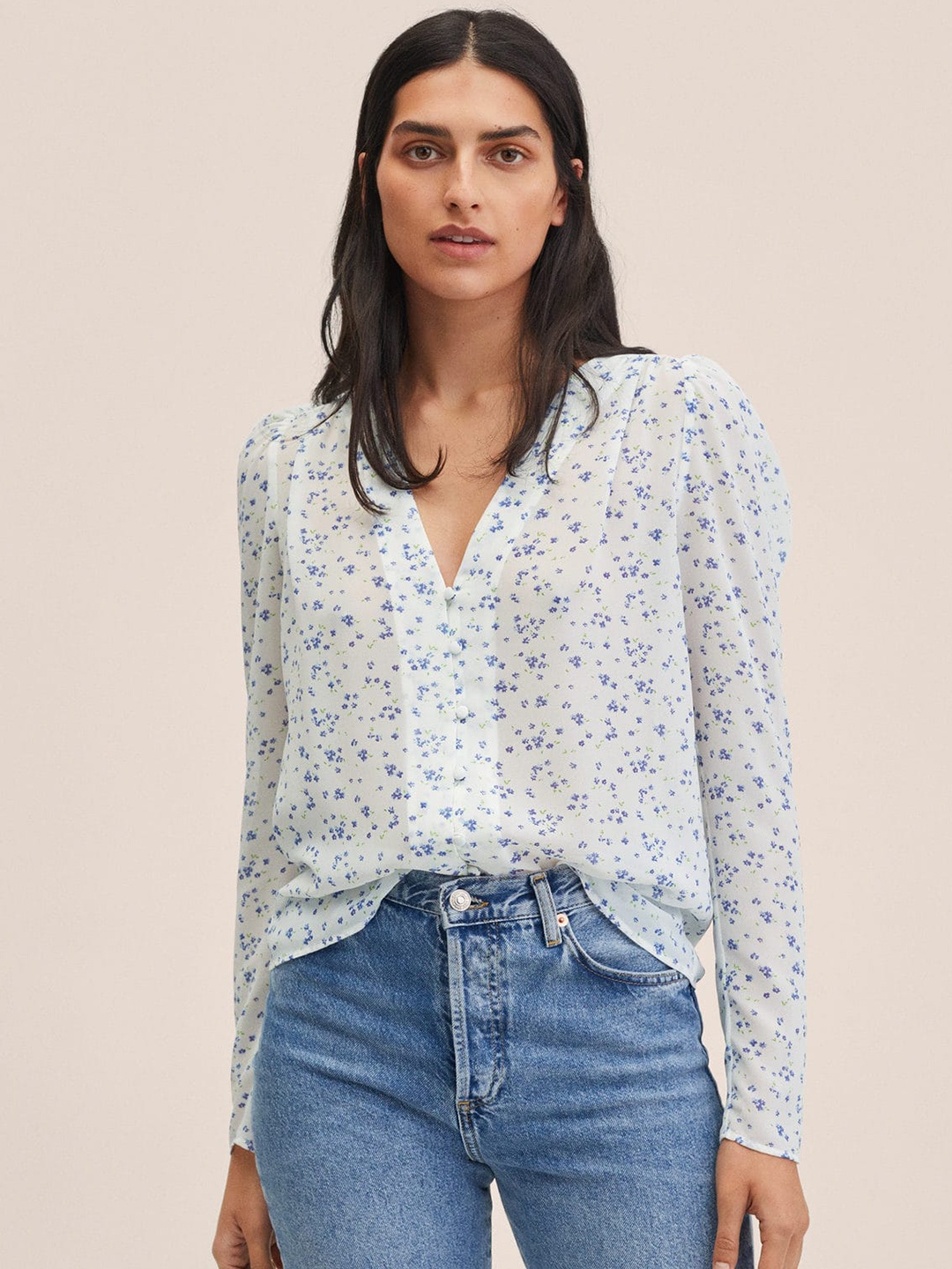 

MANGO White & Blue Floral Print Top