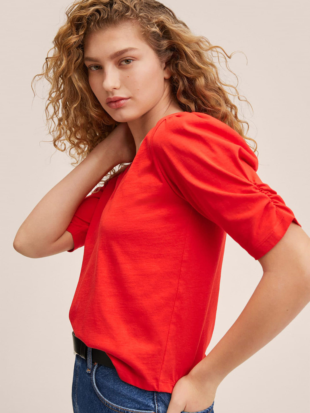 

MANGO Women Red Solid Cotton V-Neck Puff Sleeves T-shirt