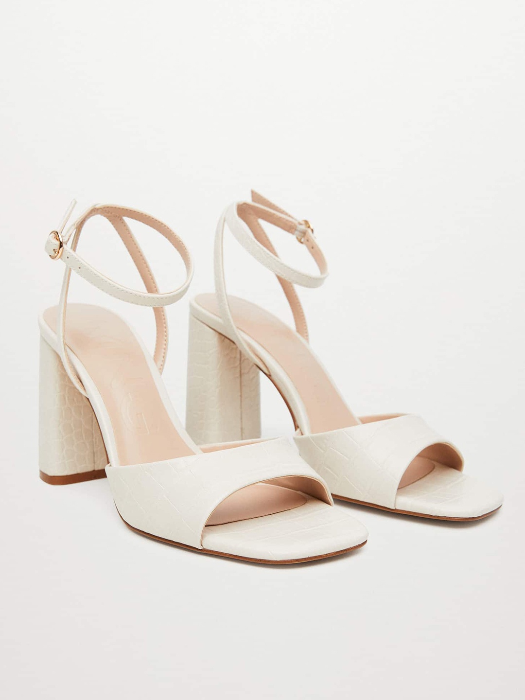

MANGO Women Off White Croc Textured Block Heels