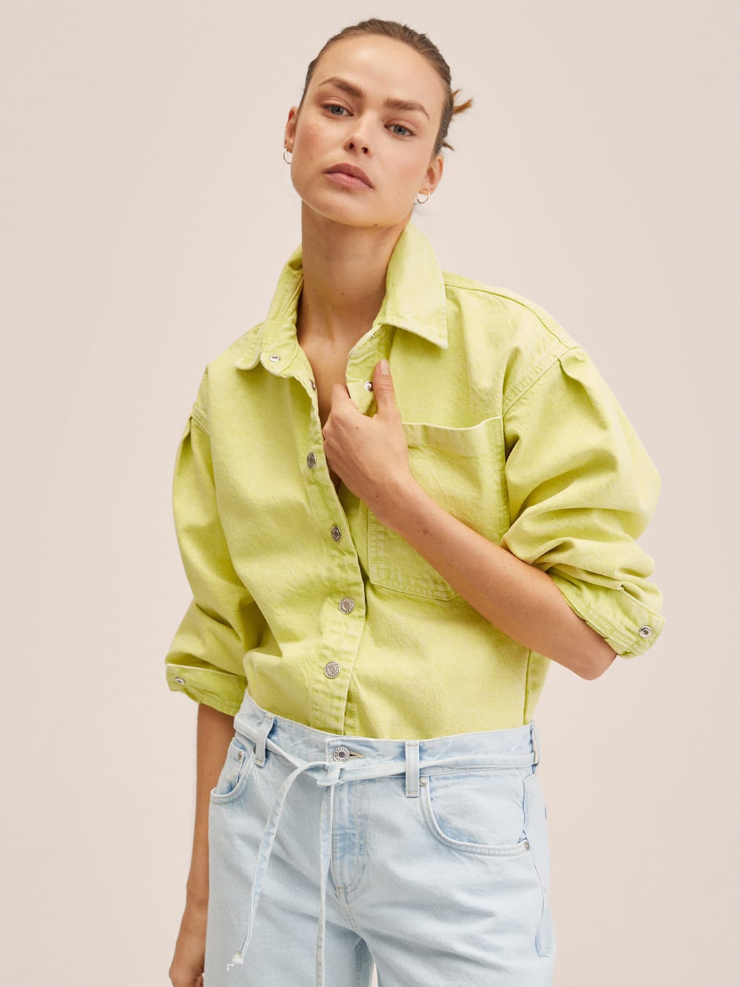

MANGO Women Green Solid Cotton Denim Oversized Shirt